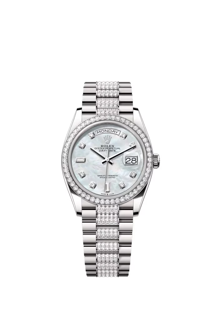 Rolex Day-Date 36 Oyster, 36 mm, or gris et diamants