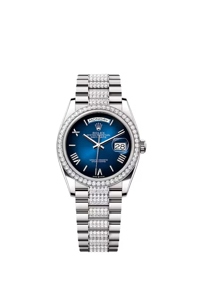 Rolex Day-Date 36 Oyster, 36 mm, or gris et diamants