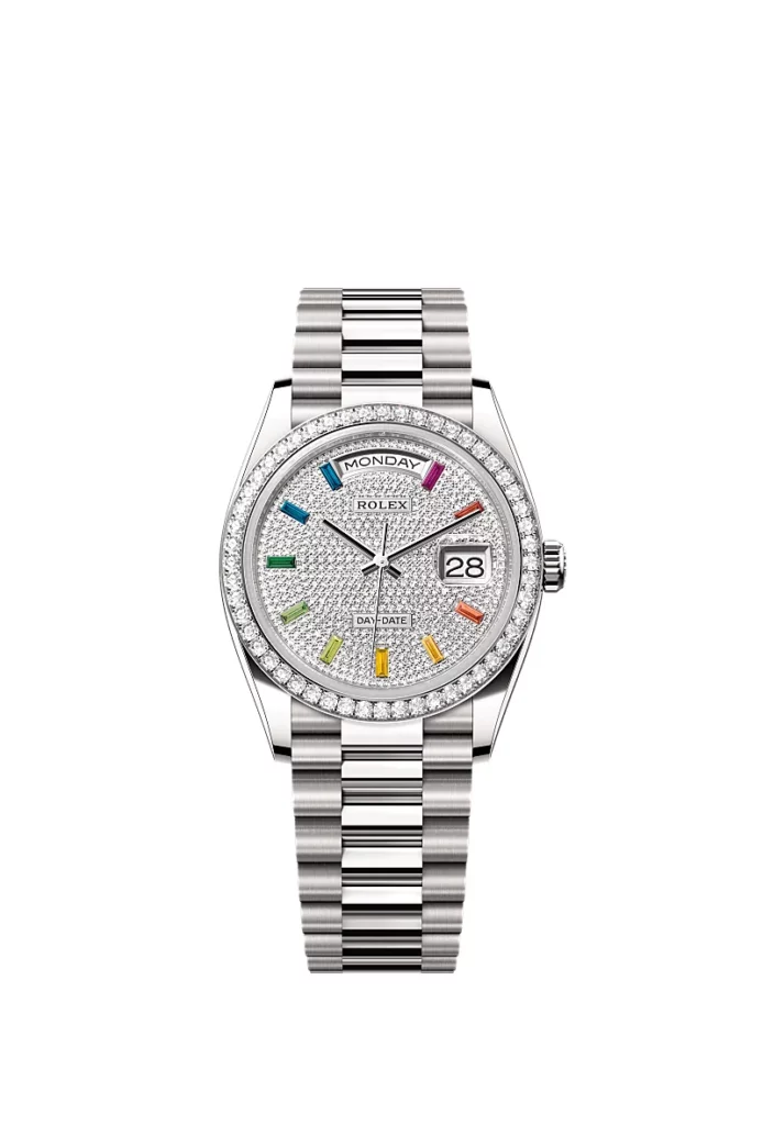 Rolex Day-Date 36 Oyster, 36 mm, or gris et diamants