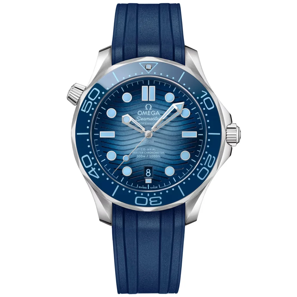 Omega Summer Blue Seamaster Diver 300M 42 mm, acier sur bracelet caoutchouc
