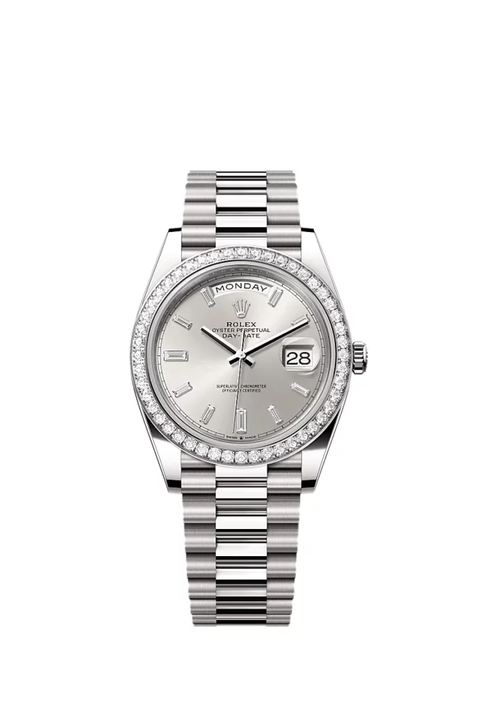 Rolex Day-Date 40 Oyster, 40 mm, or gris et diamants