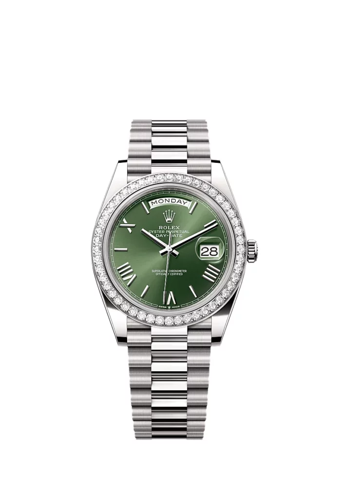 Rolex Day-Date 40 Oyster, 40 mm, or gris et diamants