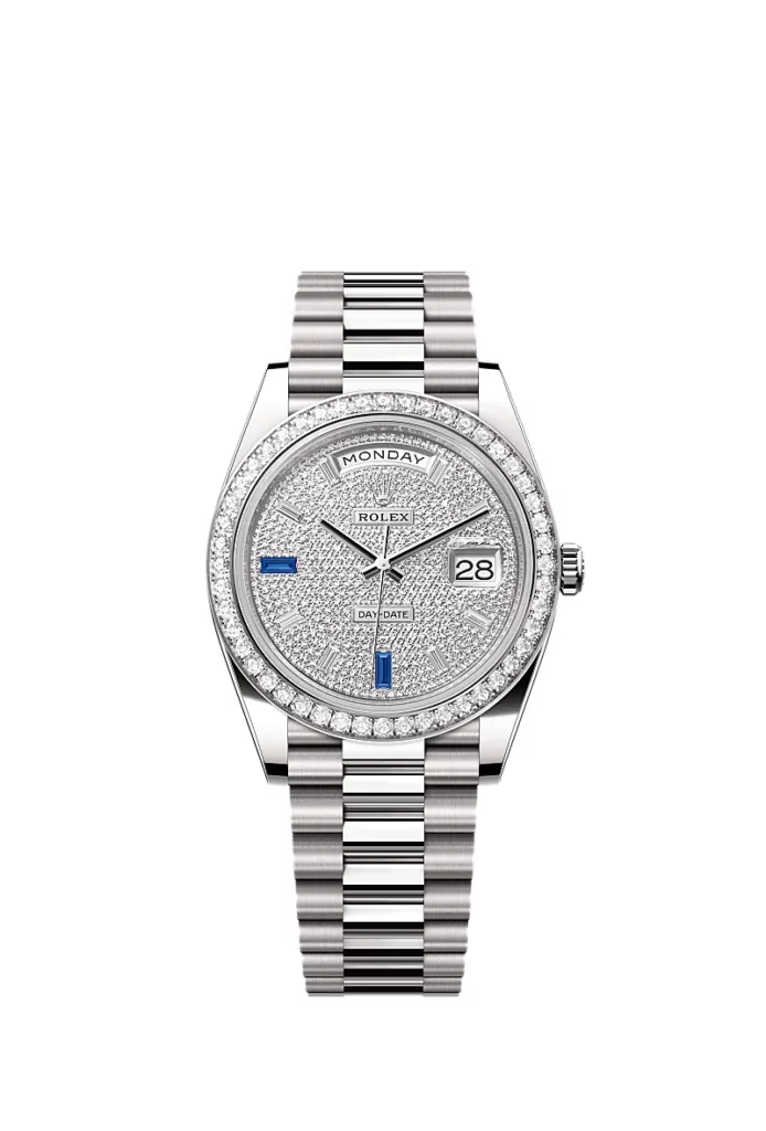 Rolex Day-Date 40 Oyster, 40 mm, or gris et diamants