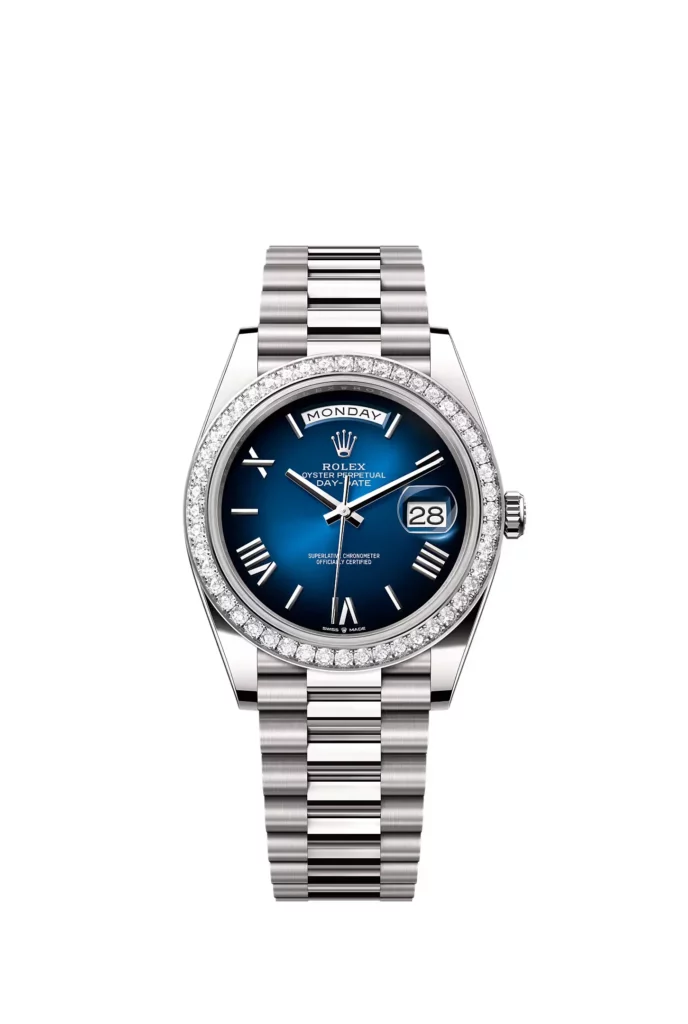 Rolex Day-Date 40 Oyster, 40 mm, or gris et diamants