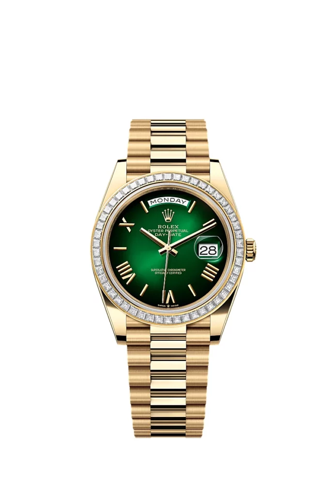 Rolex Day-Date 40 Oyster, 40 mm, or jaune et diamants