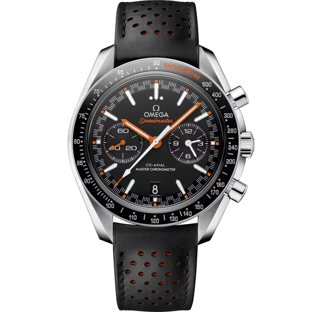 Omega Speedmaster Racing 44,25 mm, acier sur bracelet en cuir