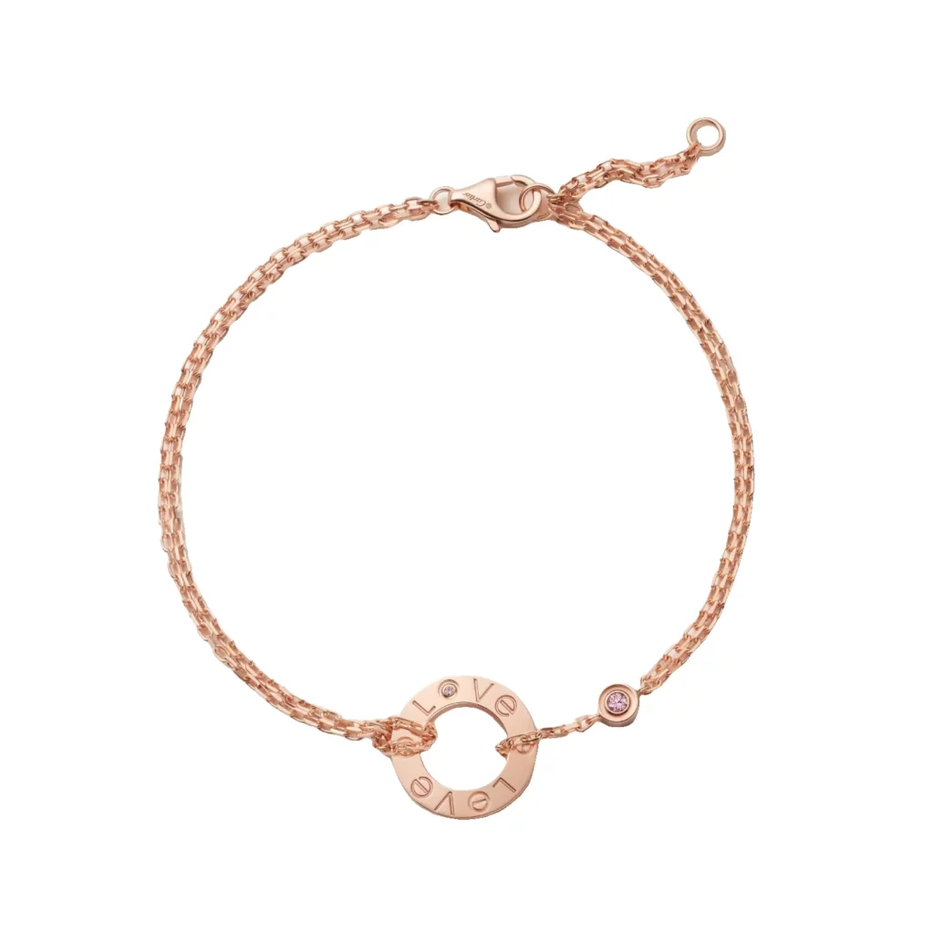 Bracelet LOVE, sur chaîne, 2 saphirs roses